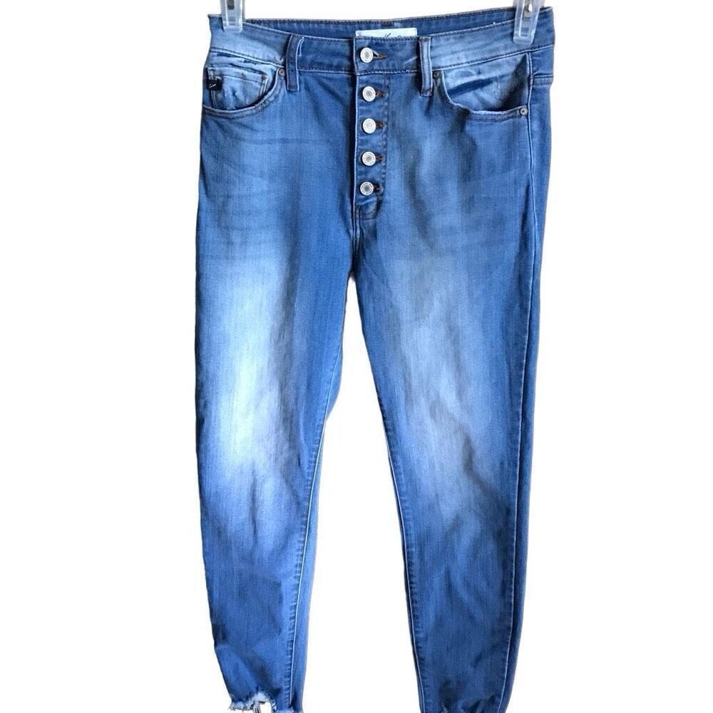 Kancan Size 9/28 Juniors Jeans denim blue frayed hem button fly straight leg
